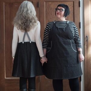 Shift + Wheeler Black Denim Suspender Dress